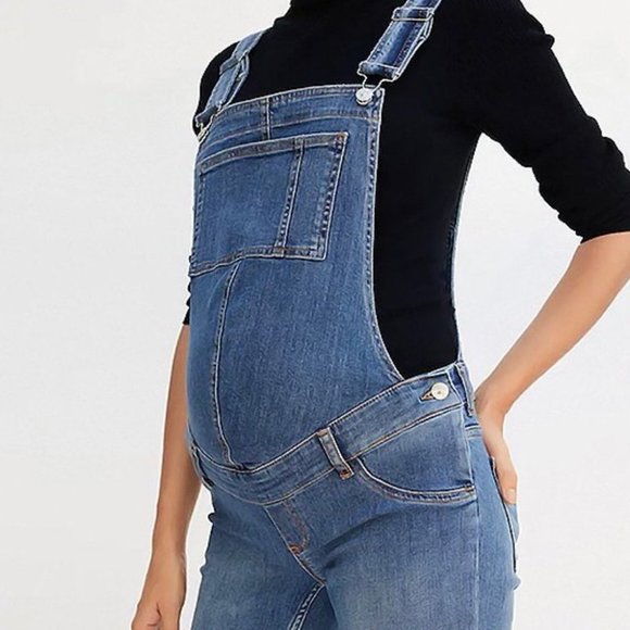 MNG by Mango Medium Blue Pocket Maternity Skinny Overalls Size Small NWT - Picture 3 of 12